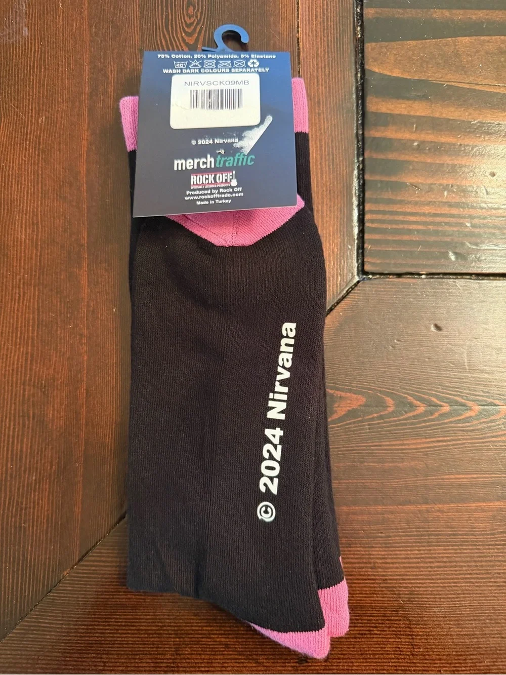 NIRVANA Black Crew Socks with Teal Angel and Pink Accents